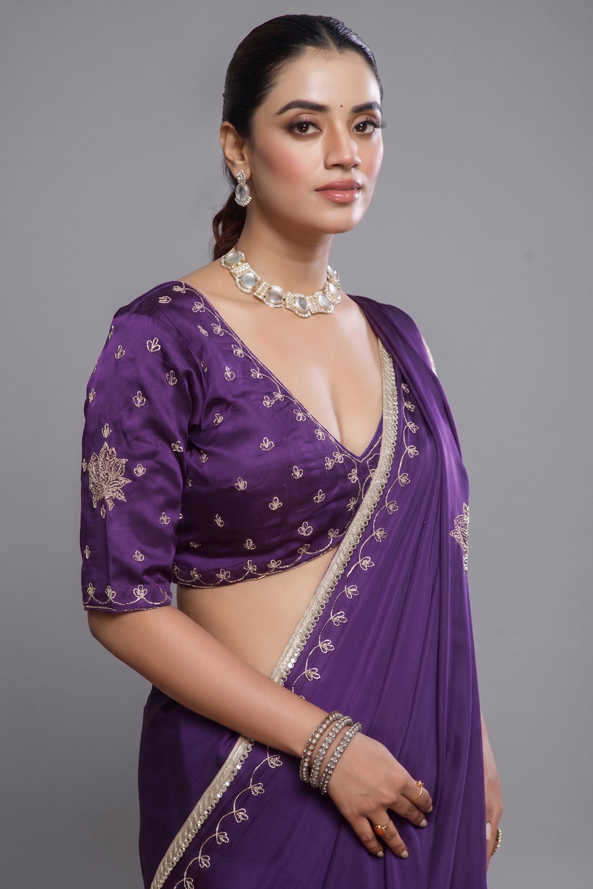 Purple Satin Silk Beads and Mirror Worked Saree with Readymade Blouse - purple silk saree