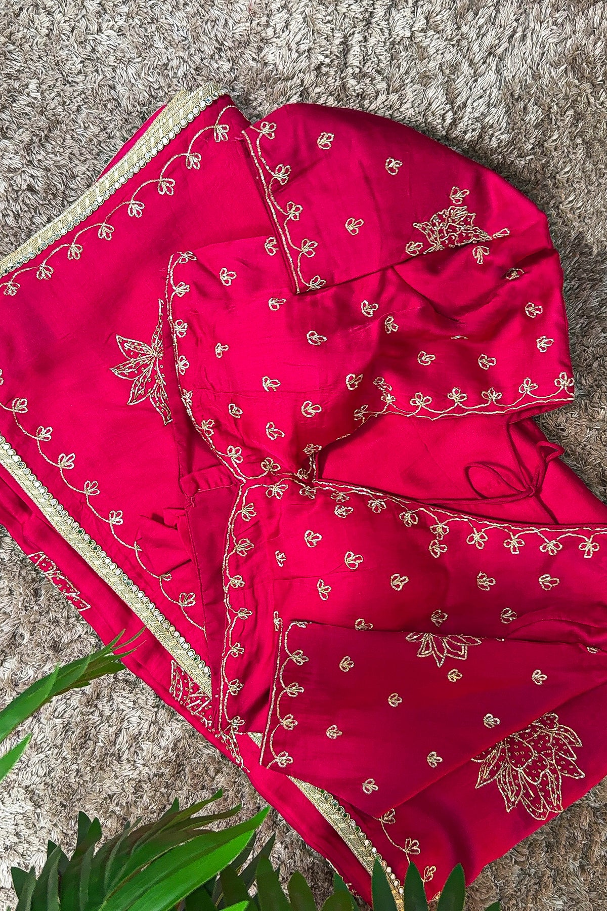 Rani Pink Satin Silk Beads and Mirror Worked Saree with Readymade Blouse - pink silk saree