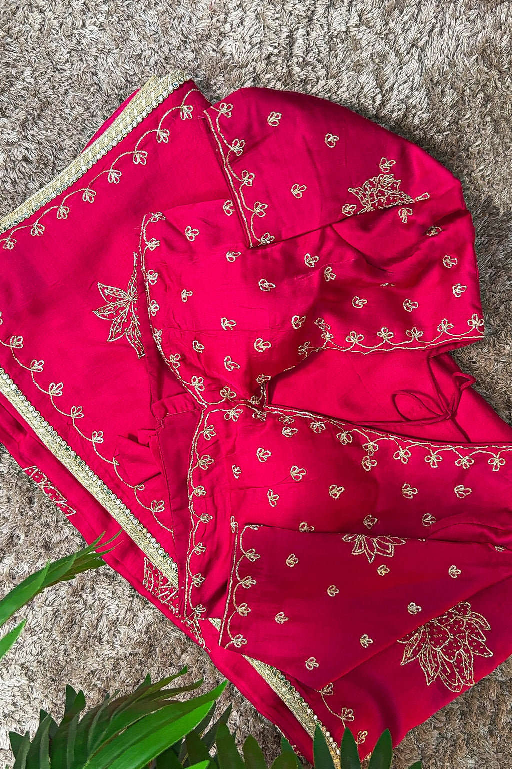 Rani Pink Satin Silk Beads and Mirror Worked Saree with Readymade Blouse - pink silk saree