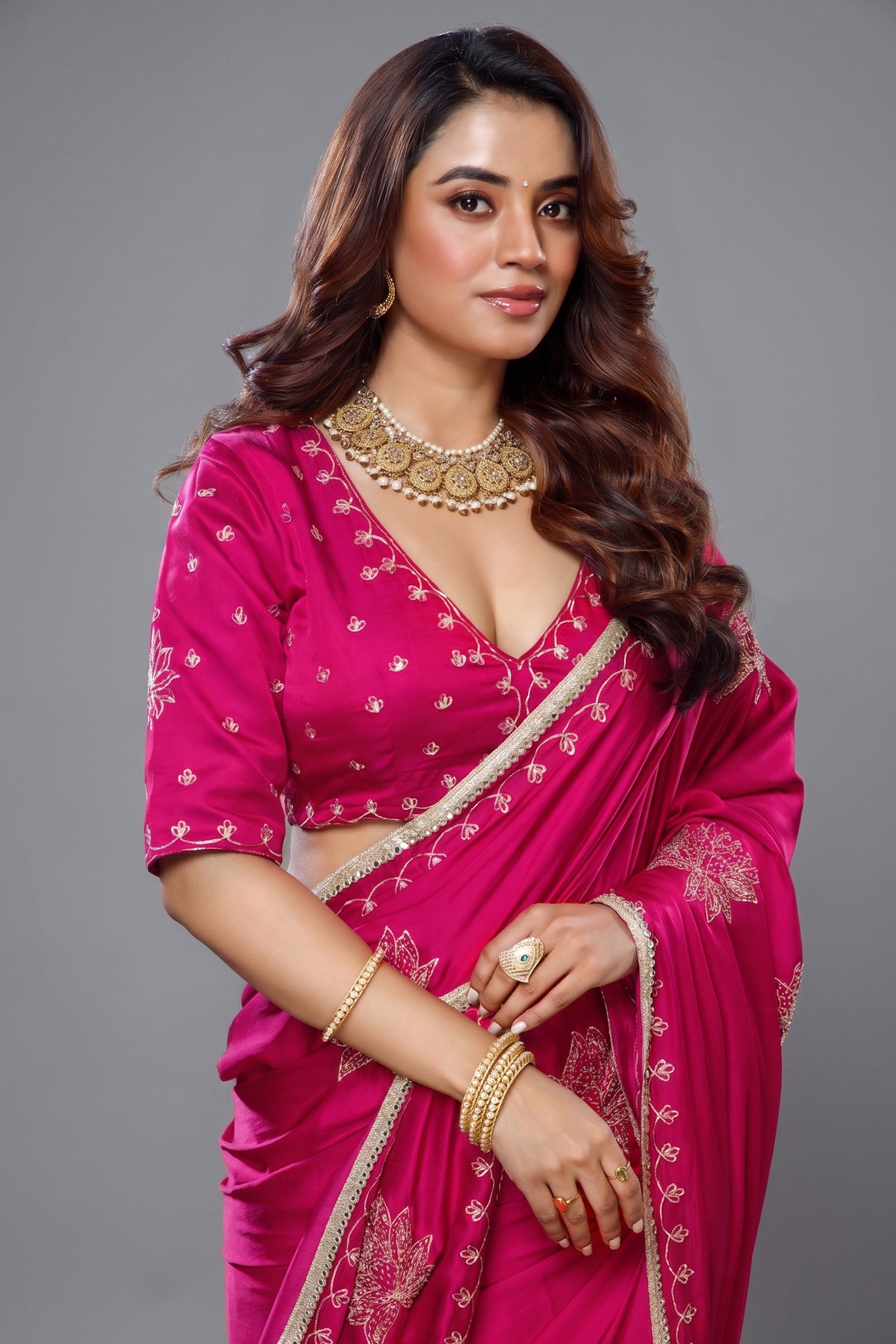 Rani Pink Satin Silk Beads and Mirror Worked Saree with Readymade Blouse - pink silk saree