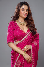 Rani Pink Satin Silk Beads and Mirror Worked Saree with Readymade Blouse - pink silk saree