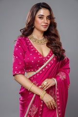 Rani Pink Satin Silk Beads and Mirror Worked Saree with Readymade Blouse - pink silk saree
