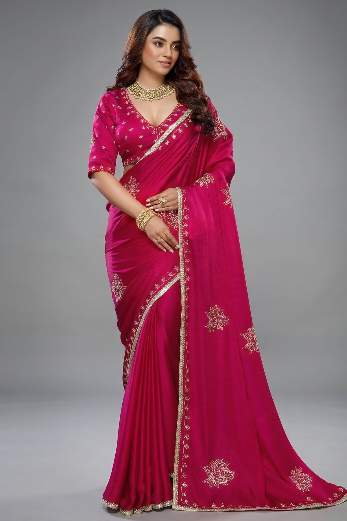 Rani Pink Satin Silk Beads and Mirror Worked Saree with Readymade Blouse - pink silk saree