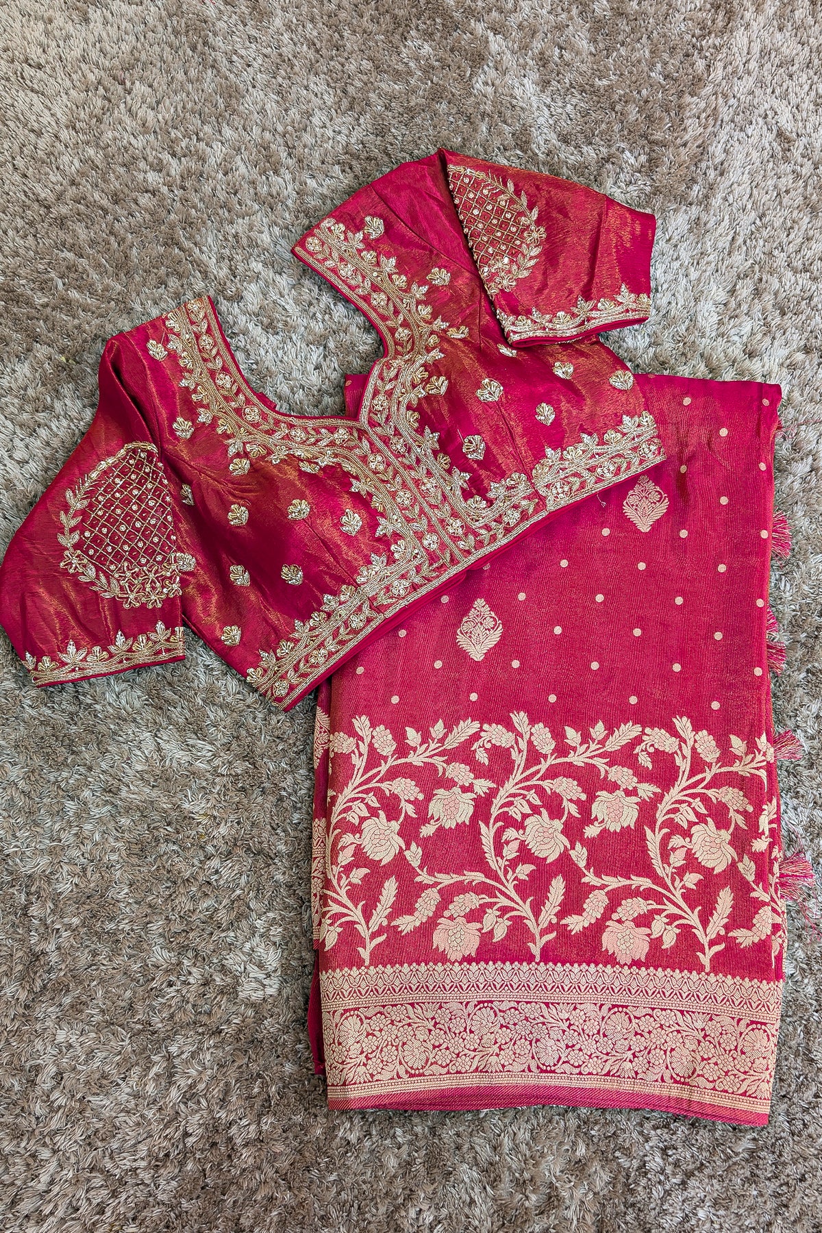 Red Dola Tissue Silk Floral Woven Saree with Readymade Blouse - red silk saree
