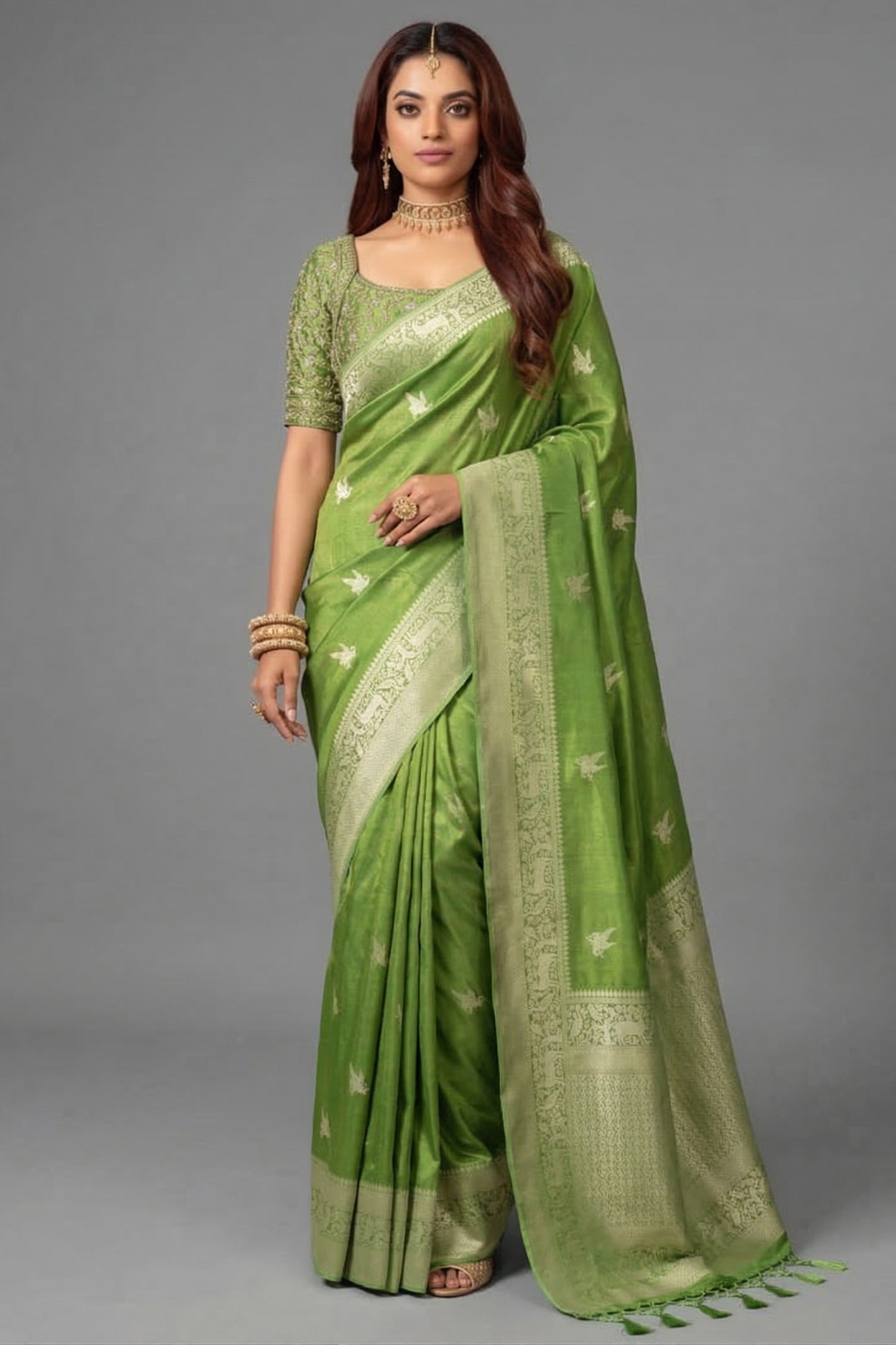 Olive Green Dola Tissue Silk Woven Saree with Readymade Blouse - green silk saree