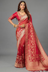 Red Dola Tissue Silk Floral Woven Saree with Readymade Blouse - red silk saree