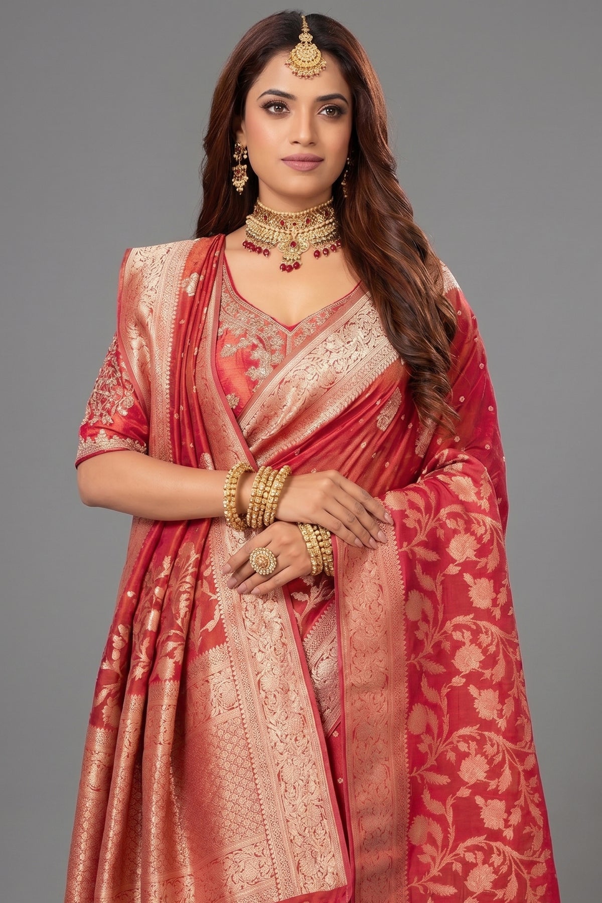 Red Dola Tissue Silk Floral Woven Saree with Readymade Blouse - red silk saree