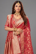Red Dola Tissue Silk Floral Woven Saree with Readymade Blouse - red silk saree