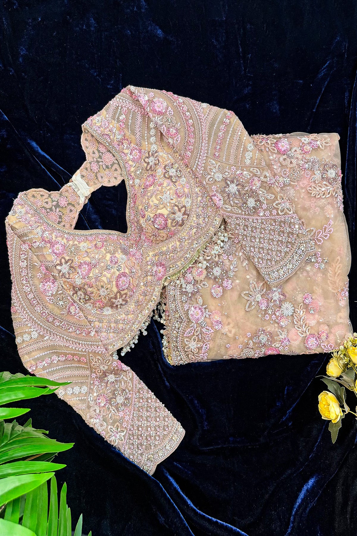Nude Beige Net Sequin Embroidered Saree with Full Sleeve Readymade Blouse - red net saree embroidered