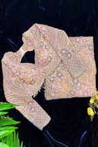 Nude Beige Net Sequin Embroidered Saree with Full Sleeve Readymade Blouse - red net saree embroidered