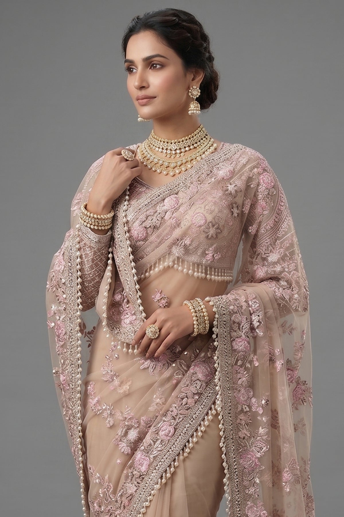 Nude Beige Net Sequin Embroidered Saree with Full Sleeve Readymade Blouse - red net saree embroidered