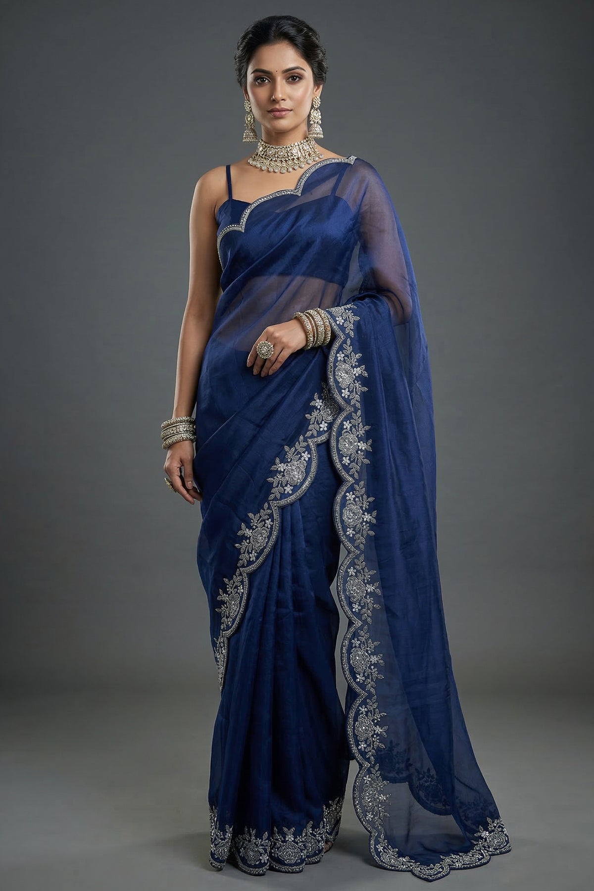 Blue Organza Solid Saree with Scalloped Zardosi Cutdana Worked Border and jacket-style Readymade Blouse - blue organza saree