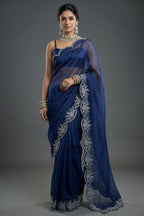 Blue Organza Solid Saree with Scalloped Zardosi Cutdana Worked Border and jacket-style Readymade Blouse - blue organza saree