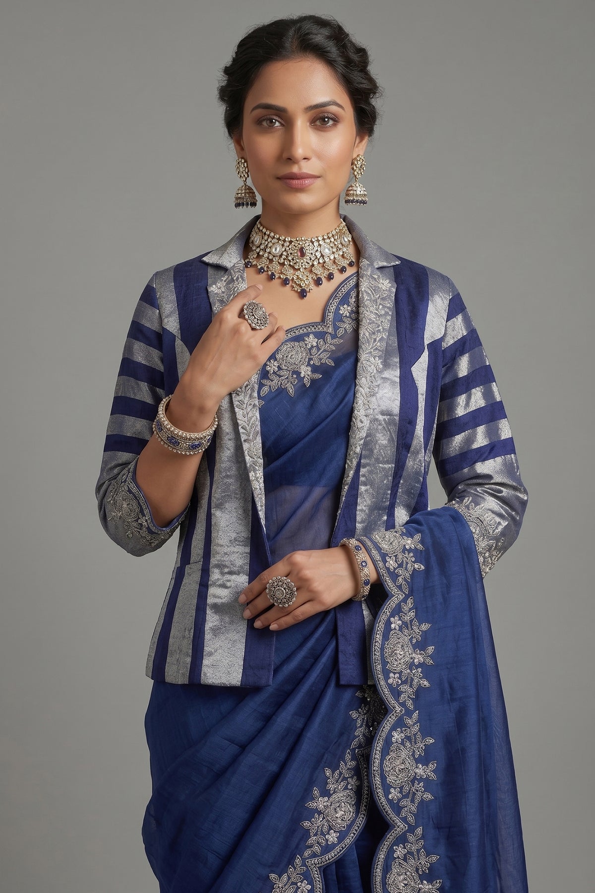 Blue Organza Solid Saree with Scalloped Zardosi Cutdana Worked Border and jacket-style Readymade Blouse - blue organza saree