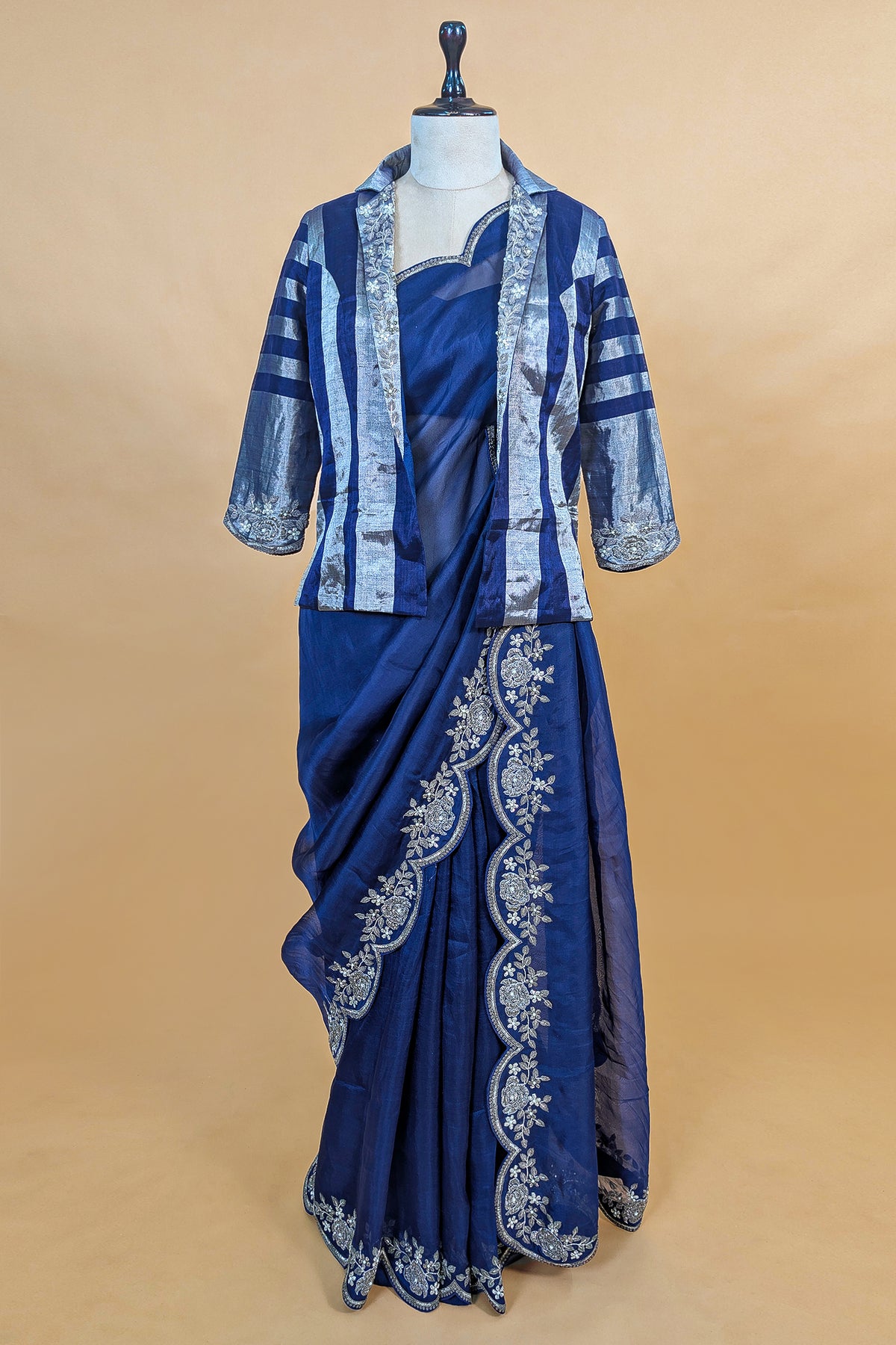 Blue Organza Solid Saree with Scalloped Zardosi Cutdana Worked Border and jacket-style Readymade Blouse - blue organza saree