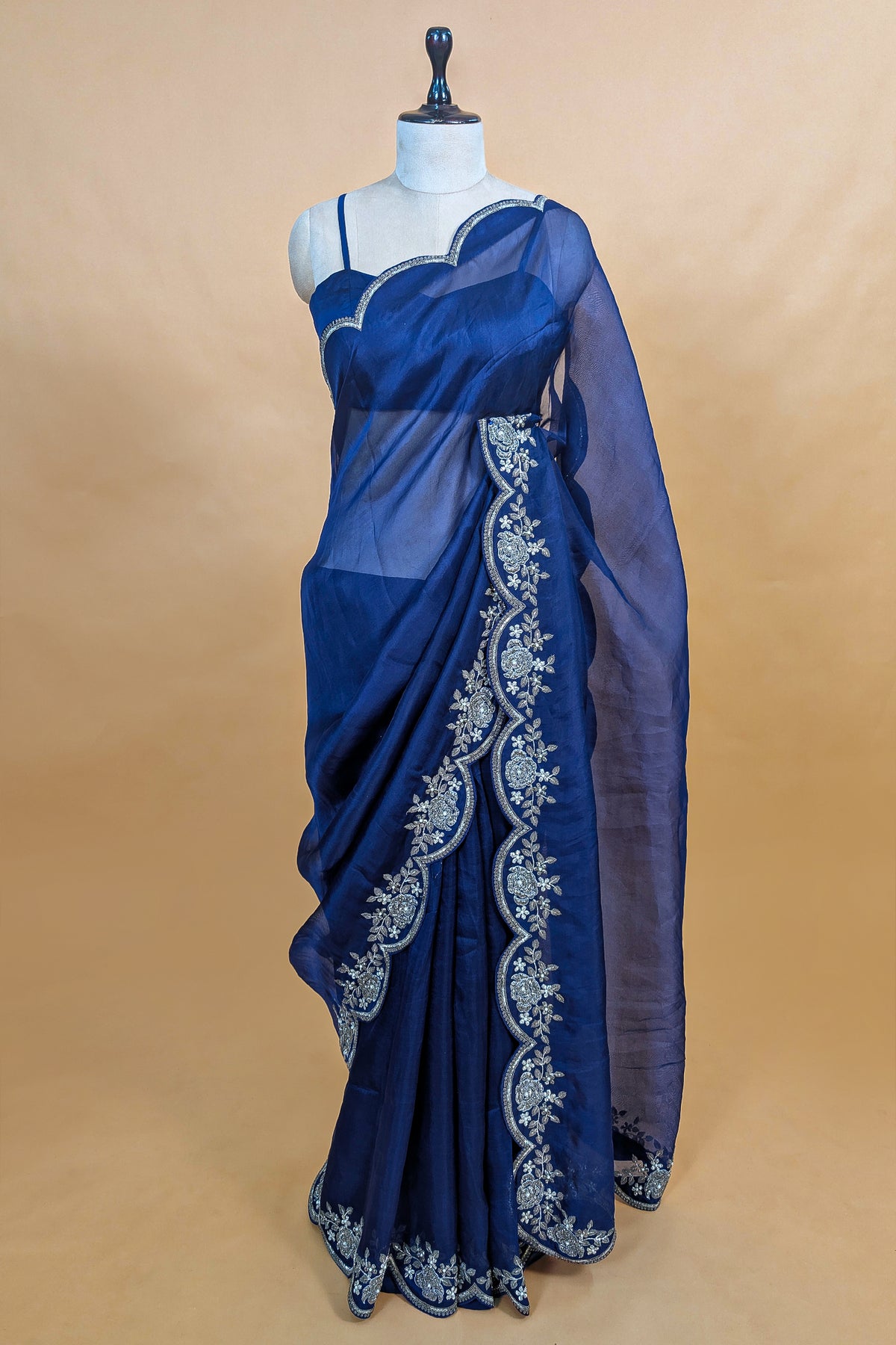 Blue Organza Solid Saree with Scalloped Zardosi Cutdana Worked Border and jacket-style Readymade Blouse - blue organza saree