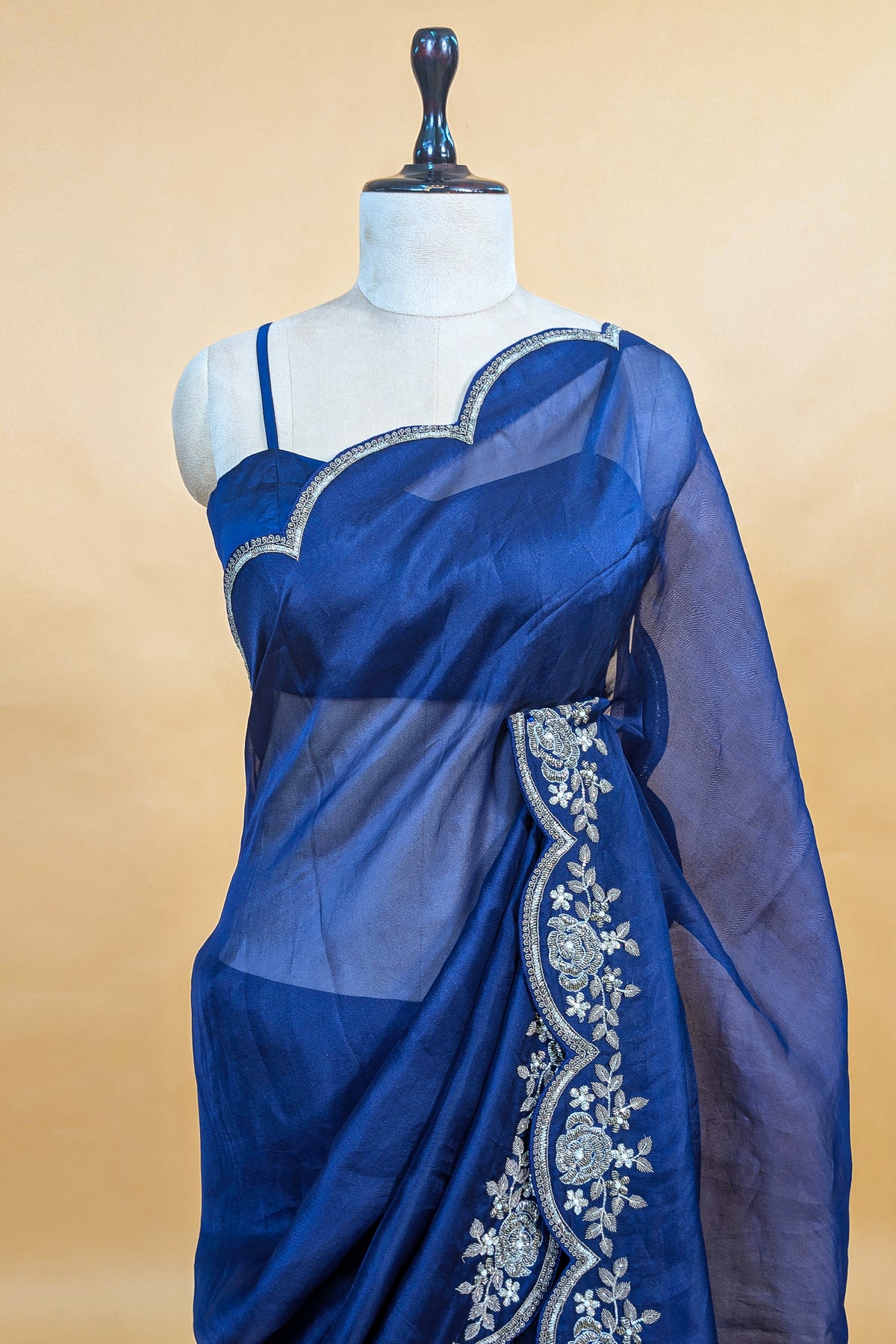 Blue Organza Solid Saree with Scalloped Zardosi Cutdana Worked Border and jacket-style Readymade Blouse - blue organza saree