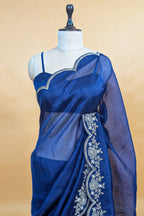Blue Organza Solid Saree with Scalloped Zardosi Cutdana Worked Border and jacket-style Readymade Blouse - blue organza saree