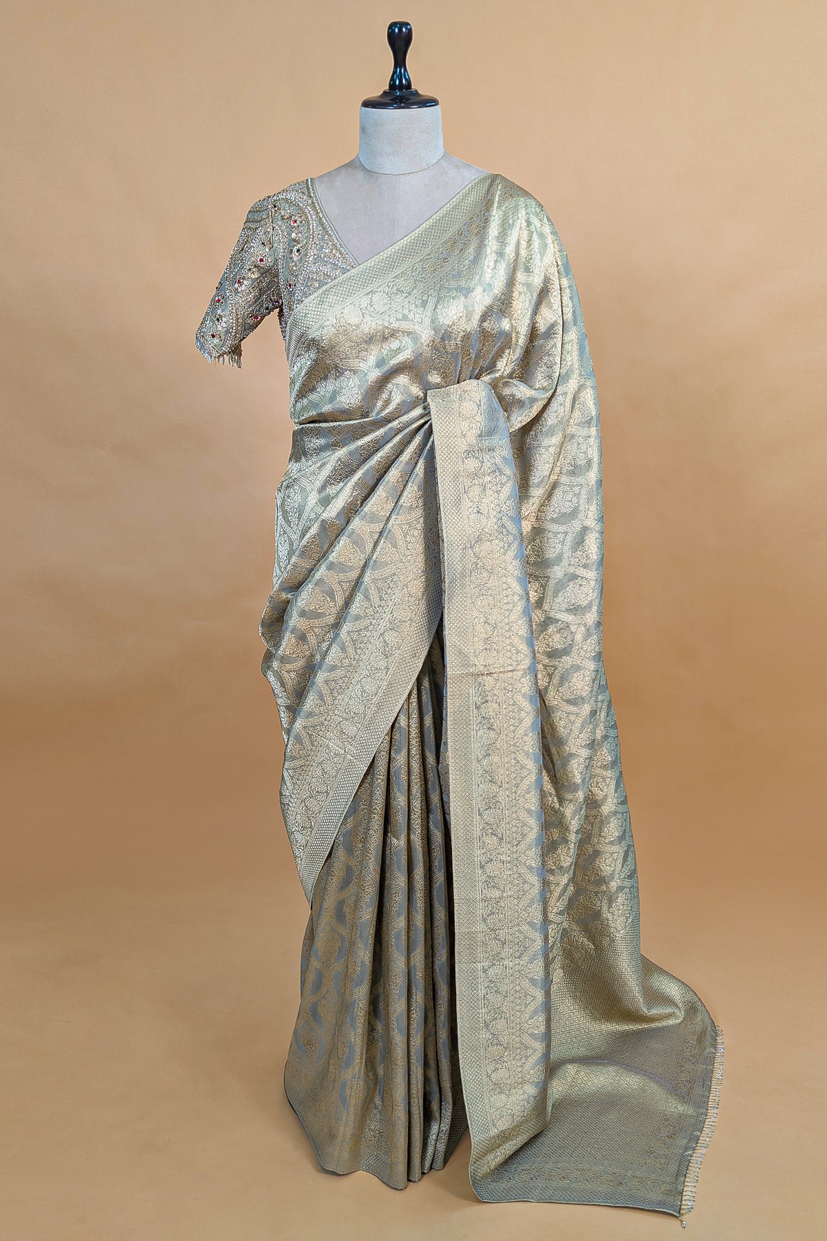 Light Grey and Golden Two Toned Moroccan Design Woven Saree with Designer Readymade Blouse