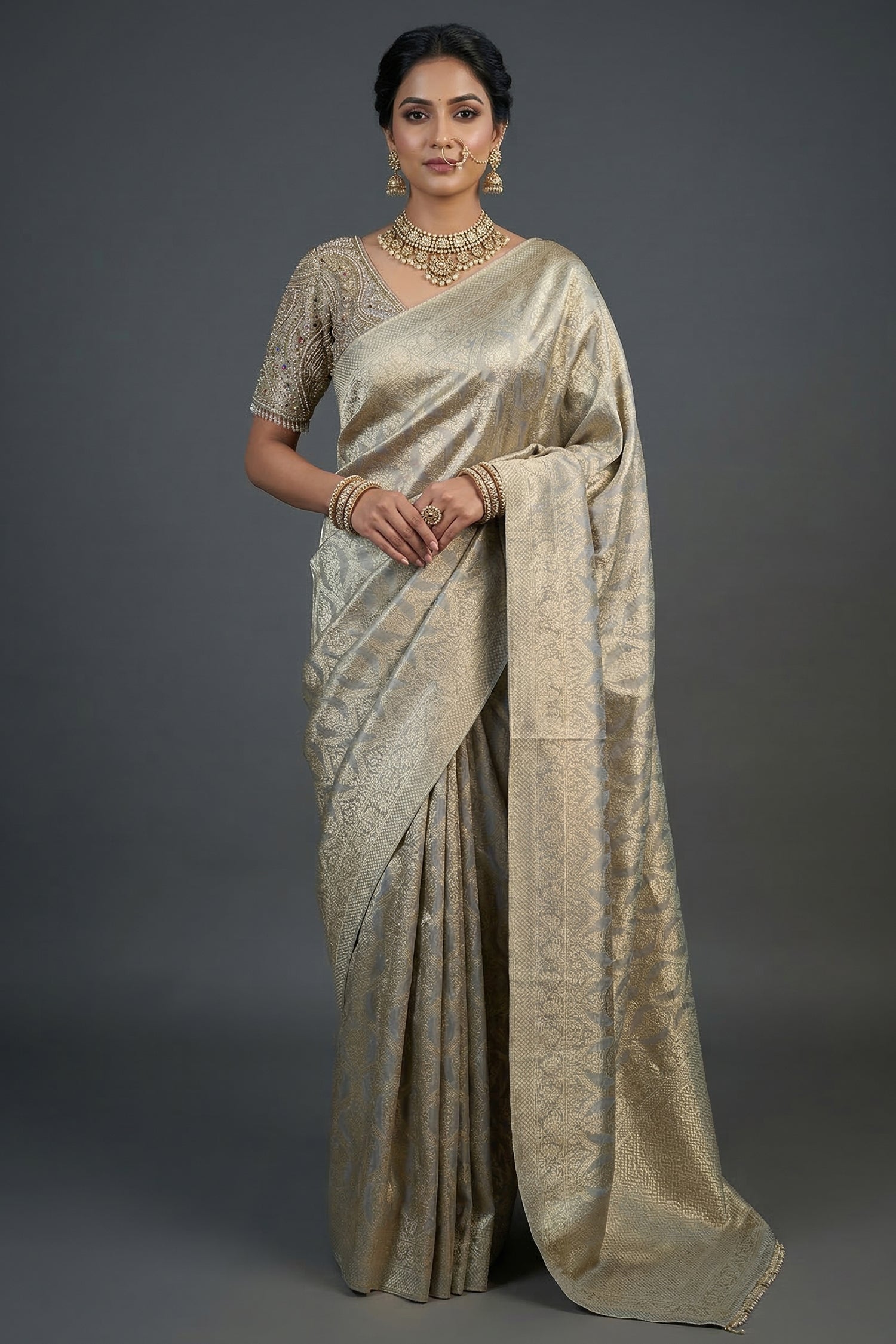 Light Grey and Golden Two Toned Moroccan Design Woven Saree with Designer Readymade Blouse - gold saree Main image