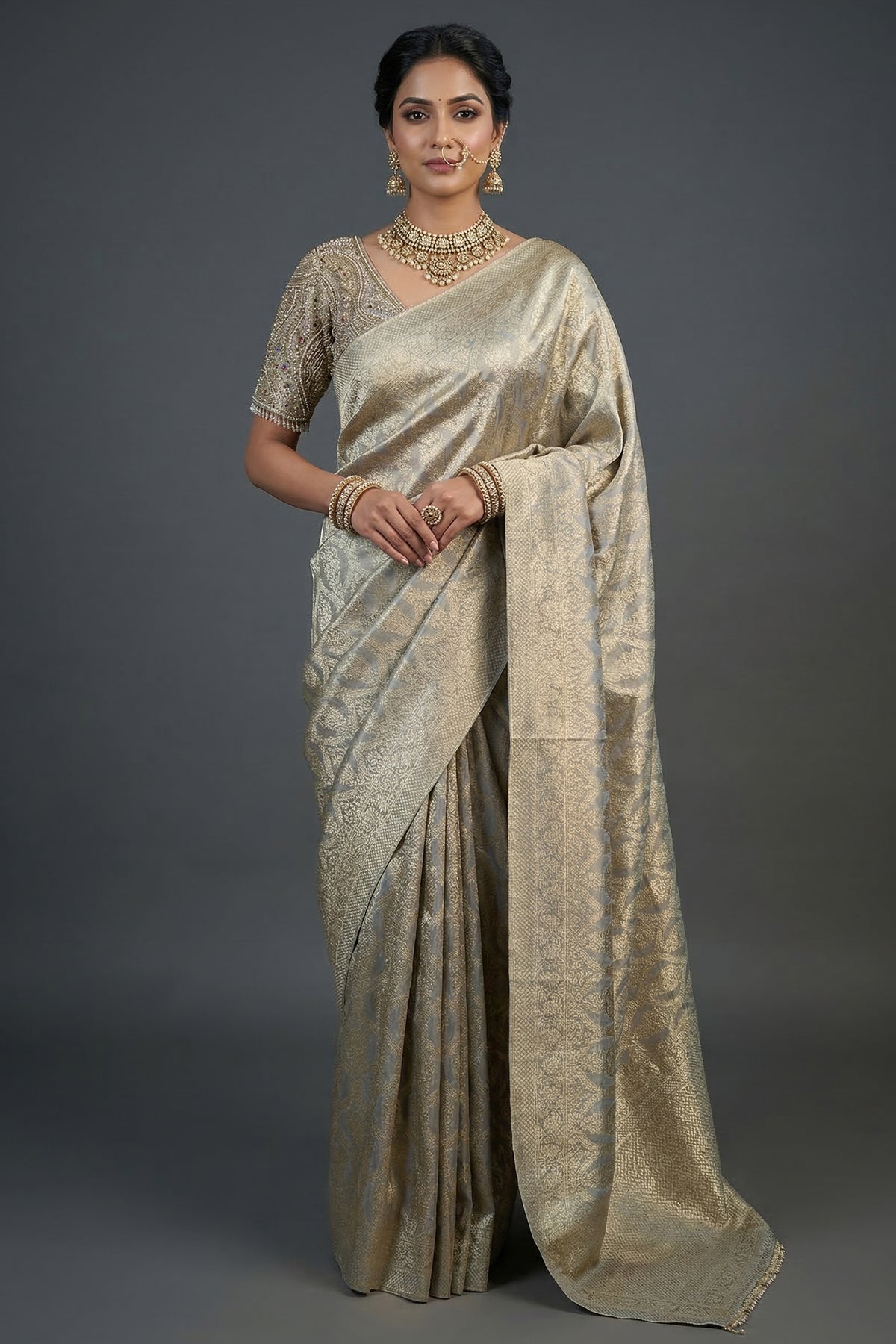 Light Grey and Golden Two Toned Moroccan Design Woven Saree with Designer Readymade Blouse - gold saree