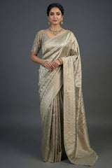 Light Grey and Golden Two Toned Moroccan Design Woven Saree with Designer Readymade Blouse - gold saree
