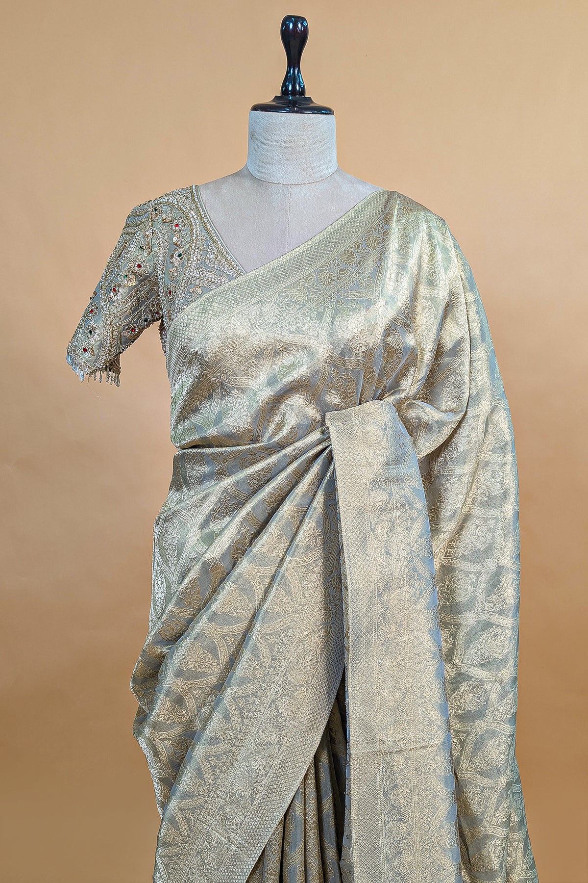 Light Grey and Golden Two Toned Moroccan Design Woven Saree with Designer Readymade Blouse - gold saree