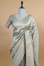 Light Grey and Golden Two Toned Moroccan Design Woven Saree with Designer Readymade Blouse - gold saree
