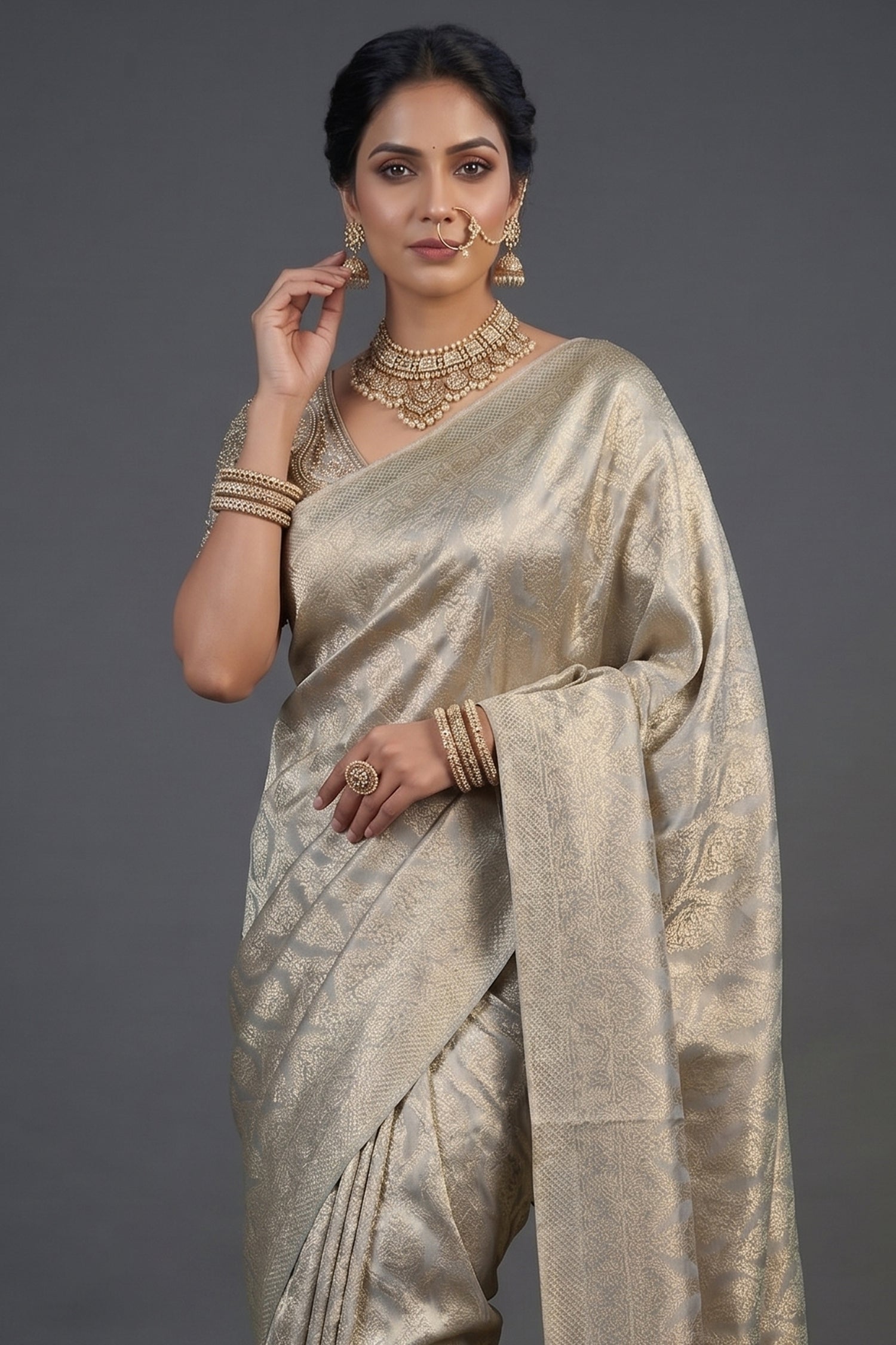Light Grey and Golden Two Toned Moroccan Design Woven Saree with Designer Readymade Blouse Secondary image