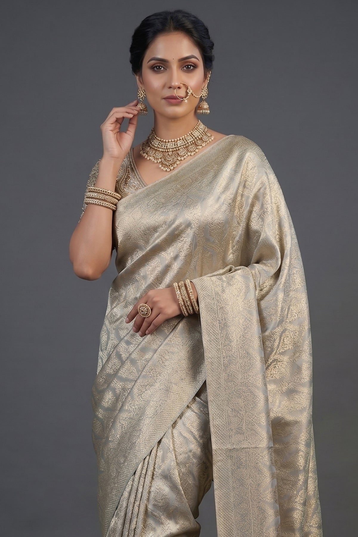 Light Grey and Golden Two Toned Moroccan Design Woven Saree with Designer Readymade Blouse - gold saree