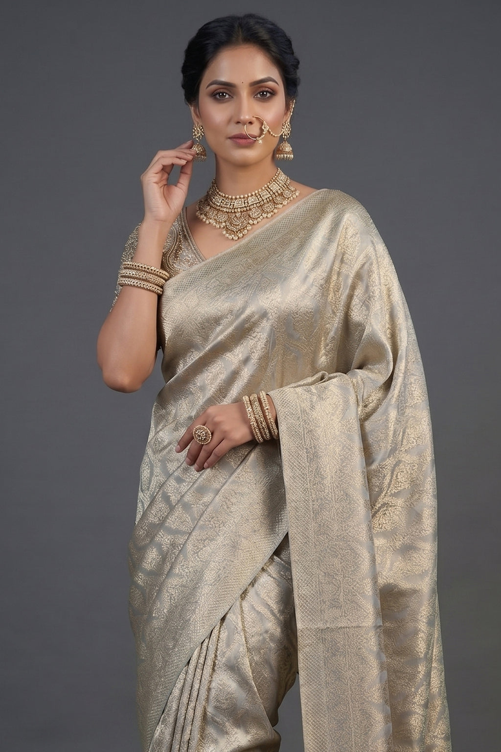 Light Grey and Golden Two Toned Moroccan Design Woven Saree with Designer Readymade Blouse - gold saree