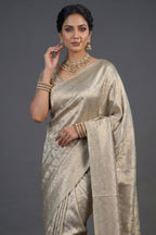Light Grey and Golden Two Toned Moroccan Design Woven Saree with Designer Readymade Blouse - gold saree
