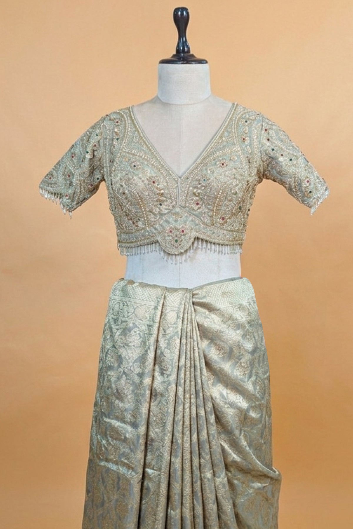 Light Grey and Golden Two Toned Moroccan Design Woven Saree with Designer Readymade Blouse - gold saree