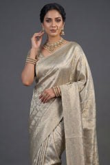 Light Grey and Golden Two Toned Moroccan Design Woven Saree with Designer Readymade Blouse - gold saree