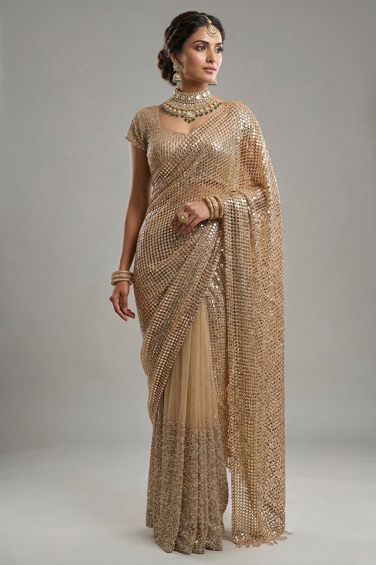 Beige Net Half and Half Designer Saree with Sequins and Cutdana Work - beige net saree Main image