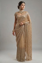 Beige Net Half and Half Designer Saree with Sequins and Cutdana Work - beige net saree