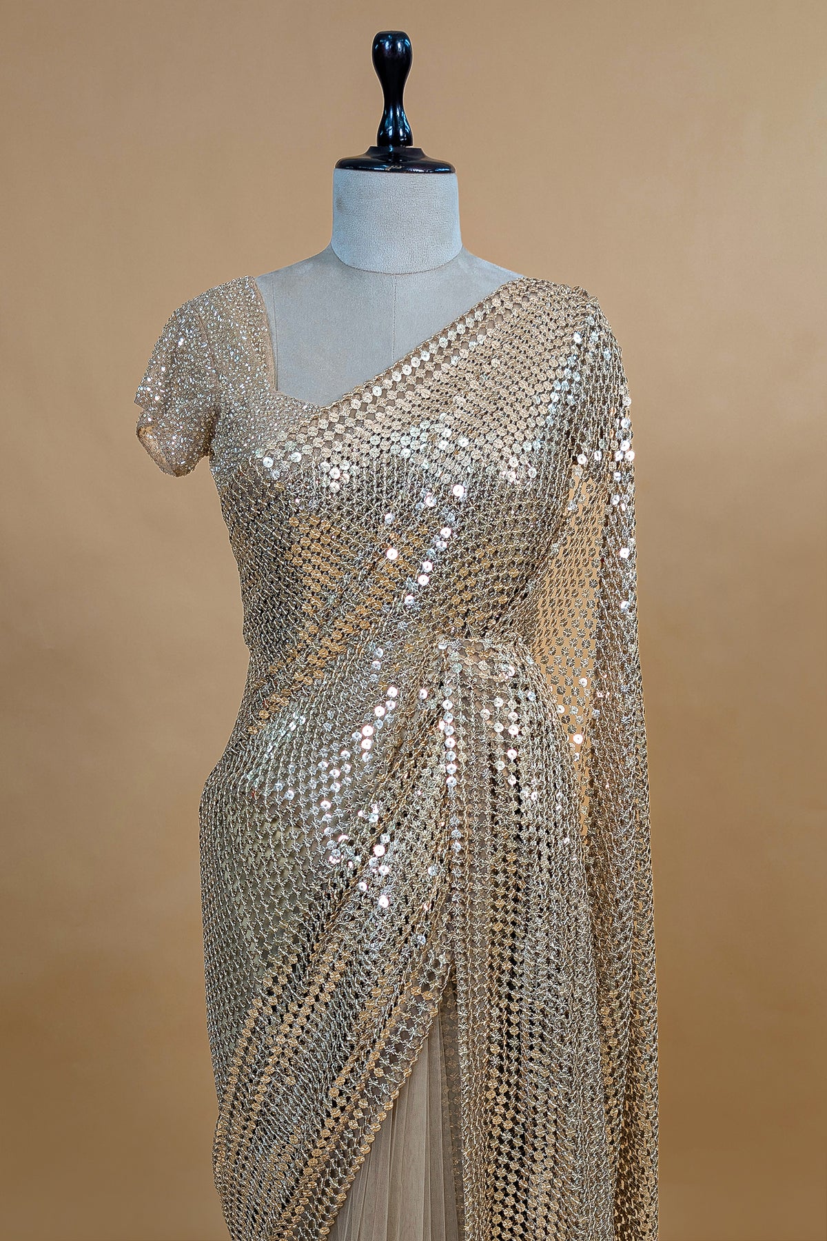 Beige Net Half and Half Designer Saree with Sequins and Cutdana Work - beige net saree