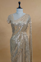 Beige Net Half and Half Designer Saree with Sequins and Cutdana Work - beige net saree