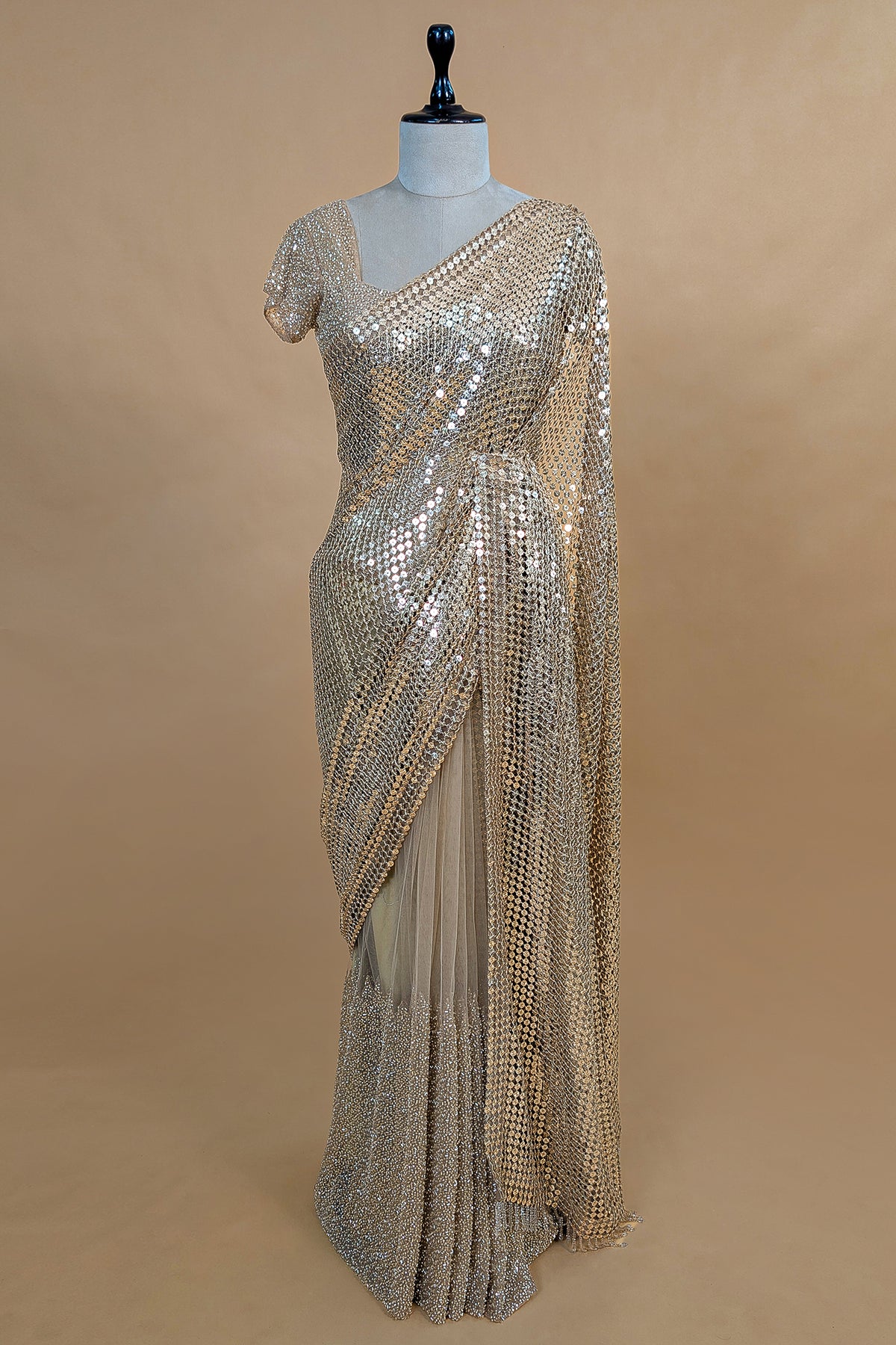 Beige Net Half and Half Designer Saree with Sequins and Cutdana Work - beige net saree