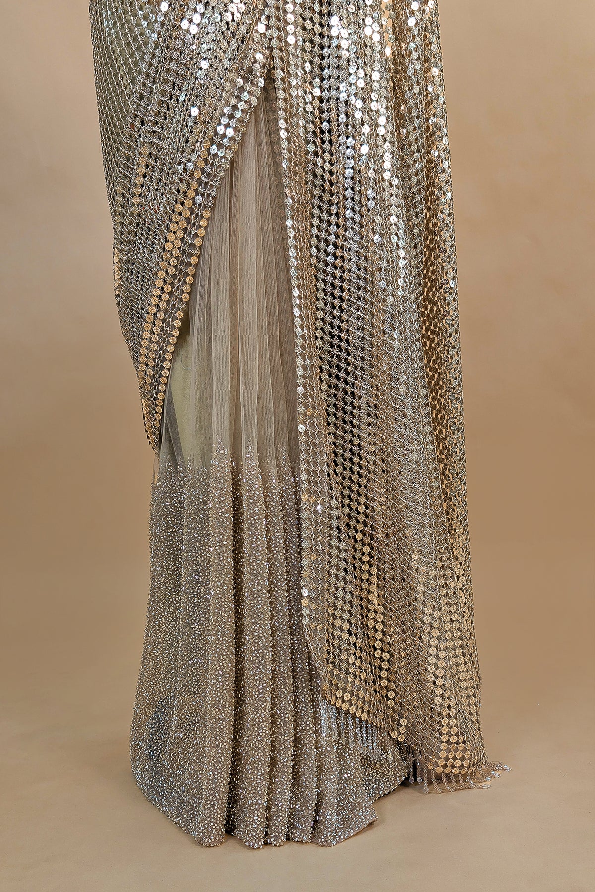 Beige Net Half and Half Designer Saree with Sequins and Cutdana Work - beige net saree