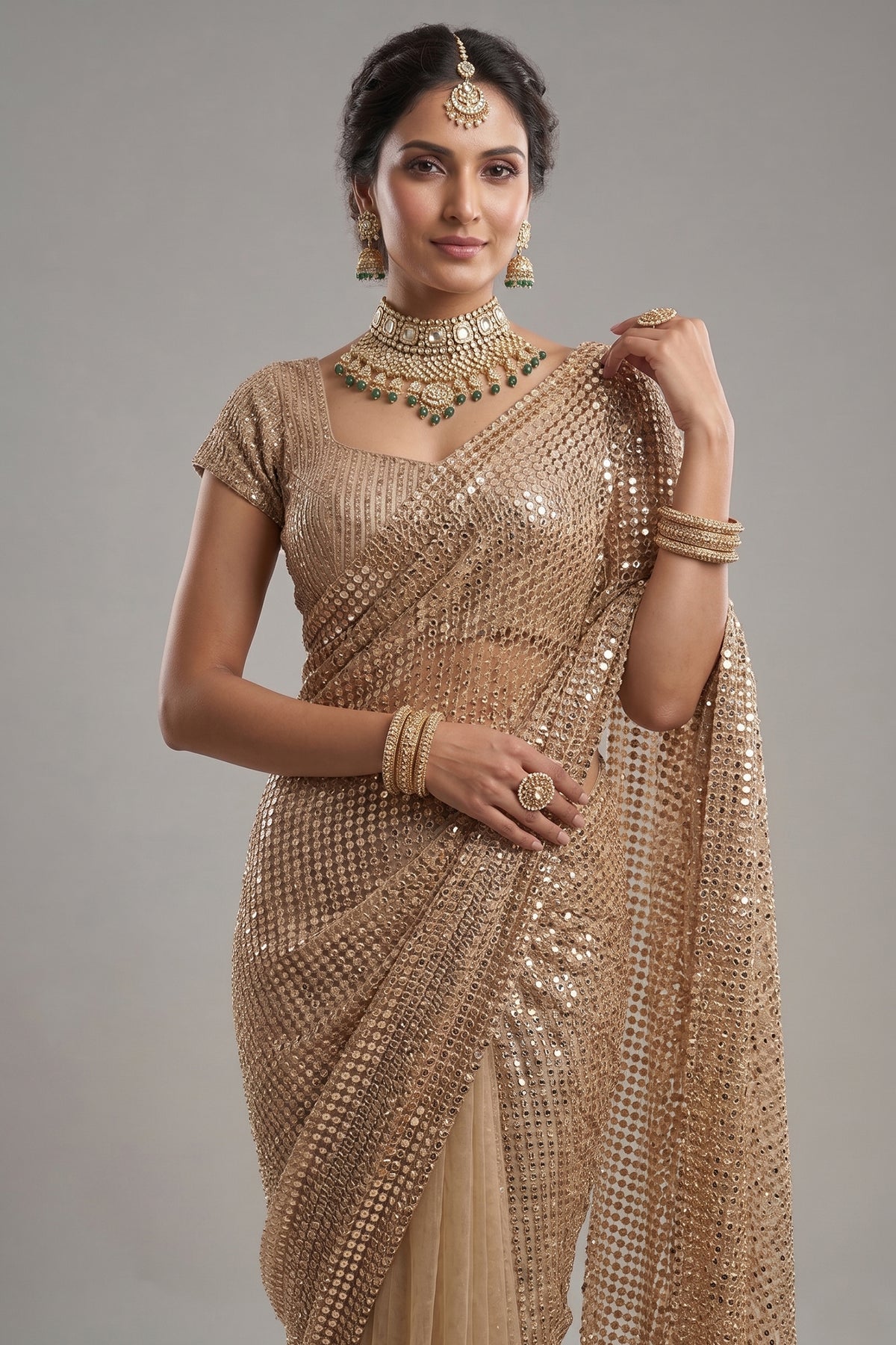 Beige Net Half and Half Designer Saree with Sequins and Cutdana Work - beige net saree