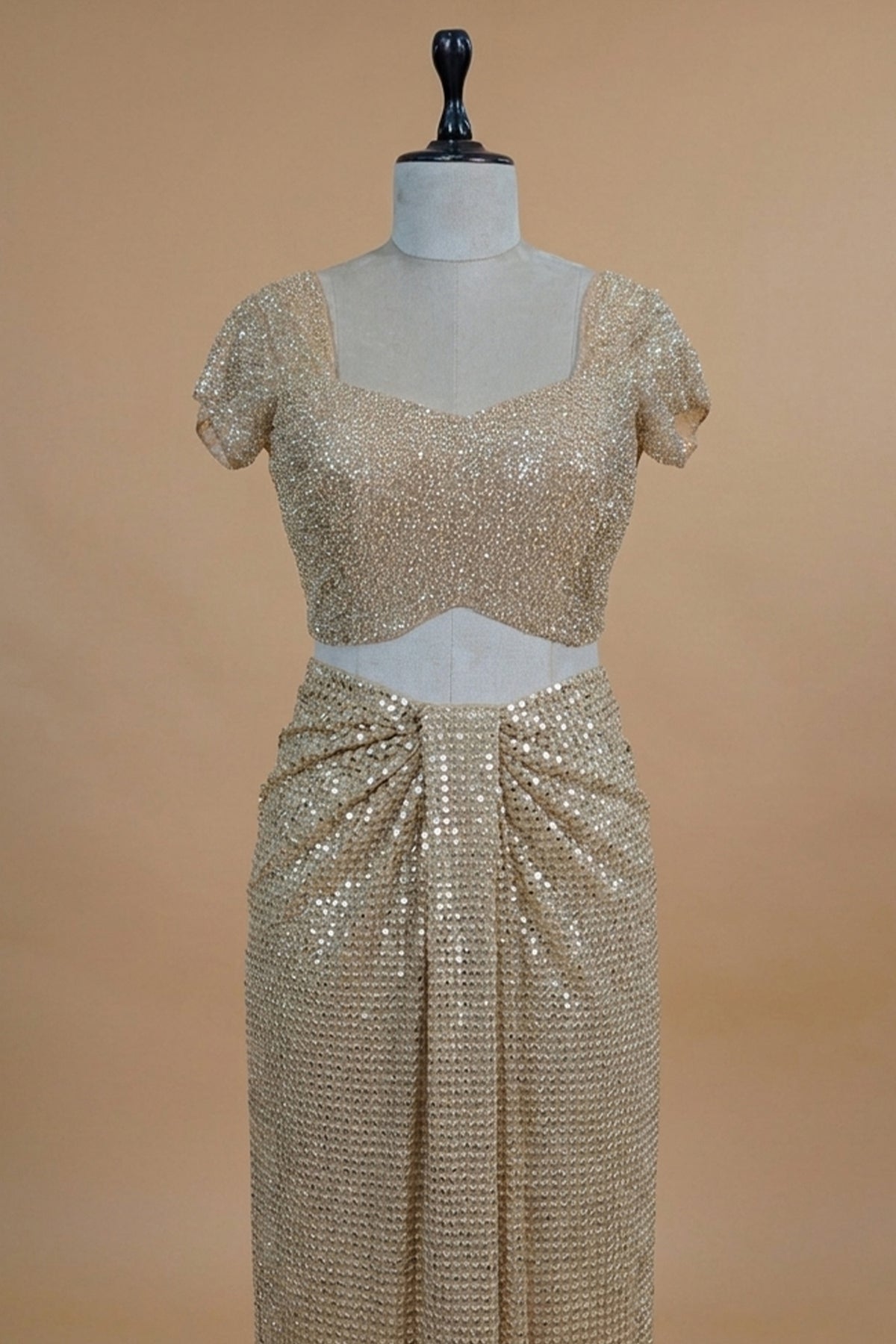 Beige Net Half and Half Designer Saree with Sequins and Cutdana Work - beige net saree