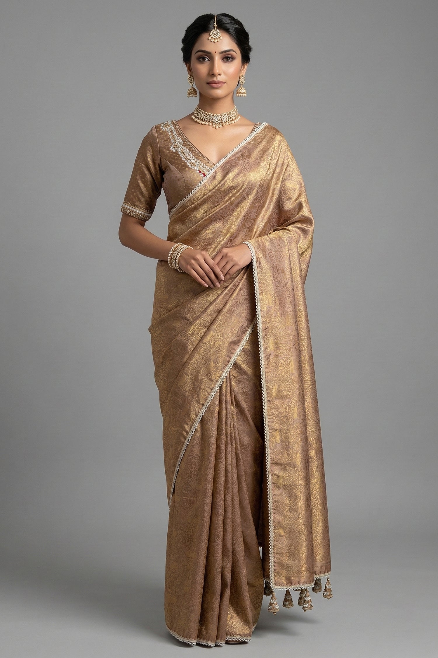 Beige and Golden Two Toned Woven Saree with Beaded V Neckline Readymade Blouse - gold saree Main image