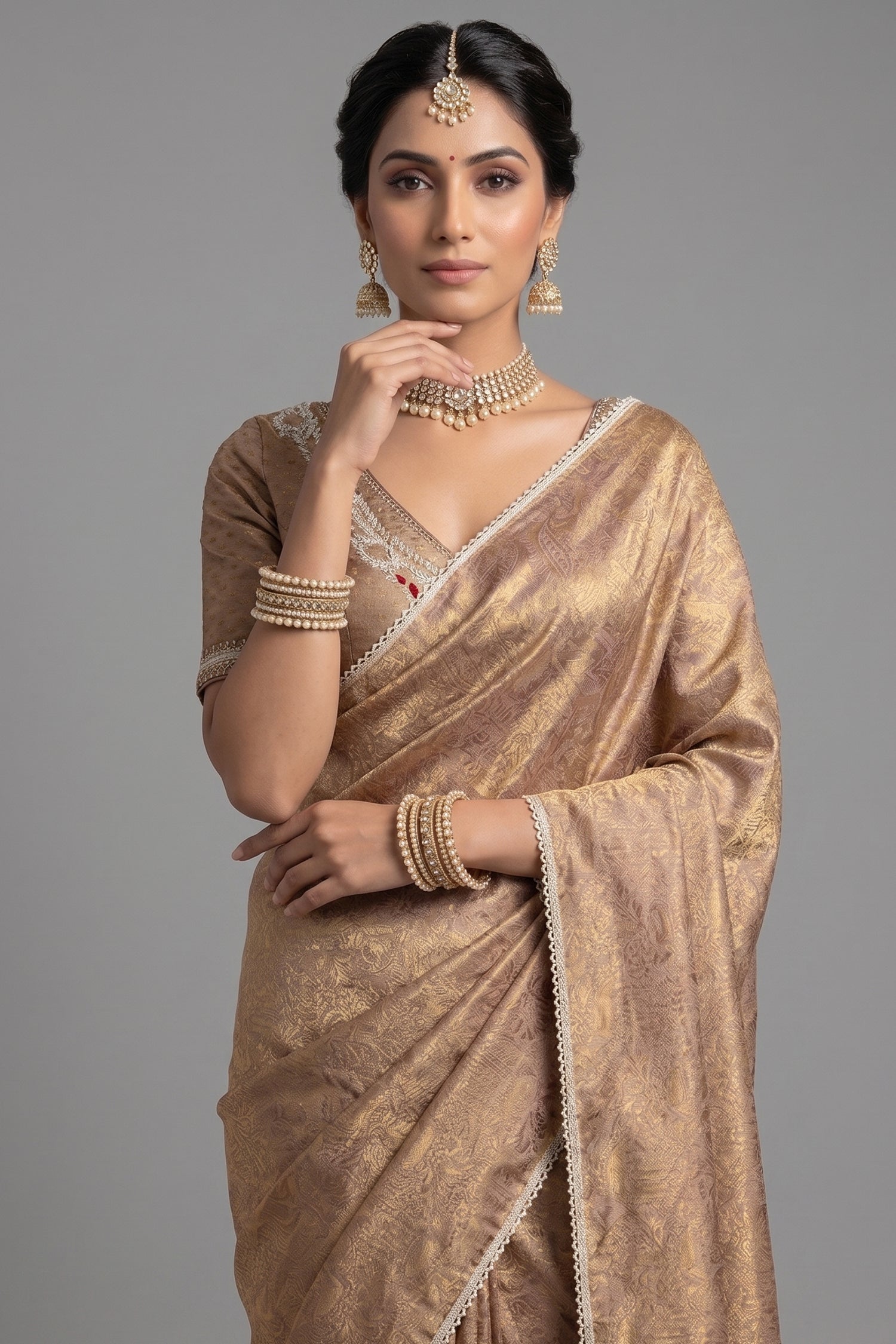 Beige and Golden Two Toned Woven Saree with Beaded V Neckline Readymade Blouse - gold saree