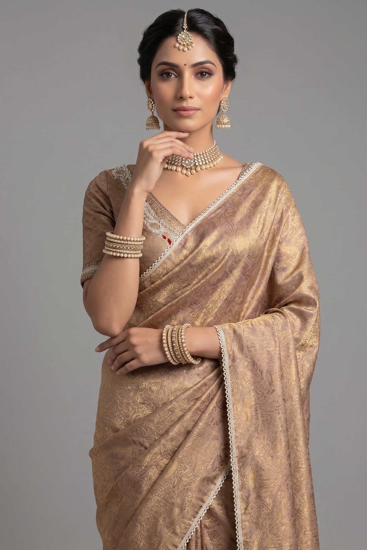 Beige and Golden Two Toned Woven Saree with Beaded V Neckline Readymade Blouse - gold saree