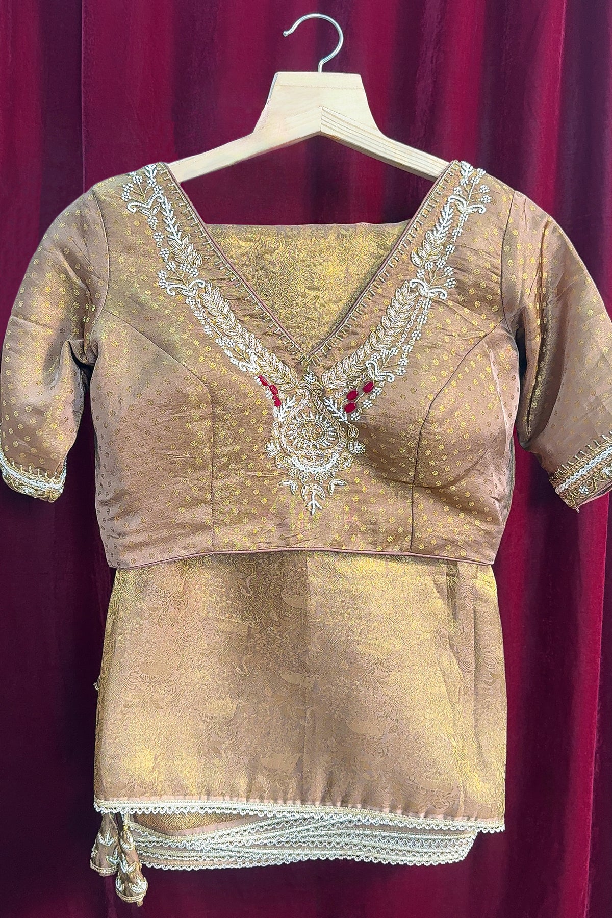 Beige and Golden Two Toned Woven Saree with Beaded V Neckline Readymade Blouse - gold saree