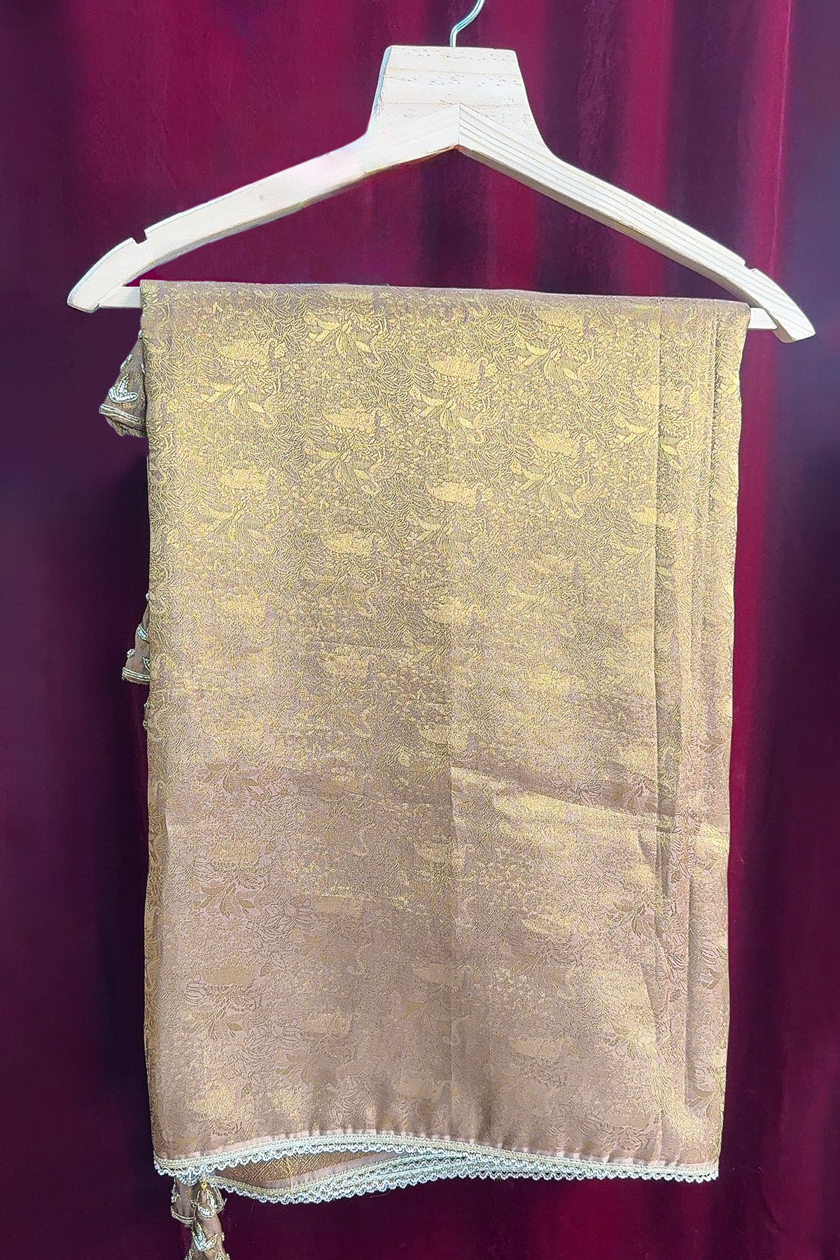 Beige and Golden Two Toned Woven Saree with Beaded V Neckline Readymade Blouse - gold saree