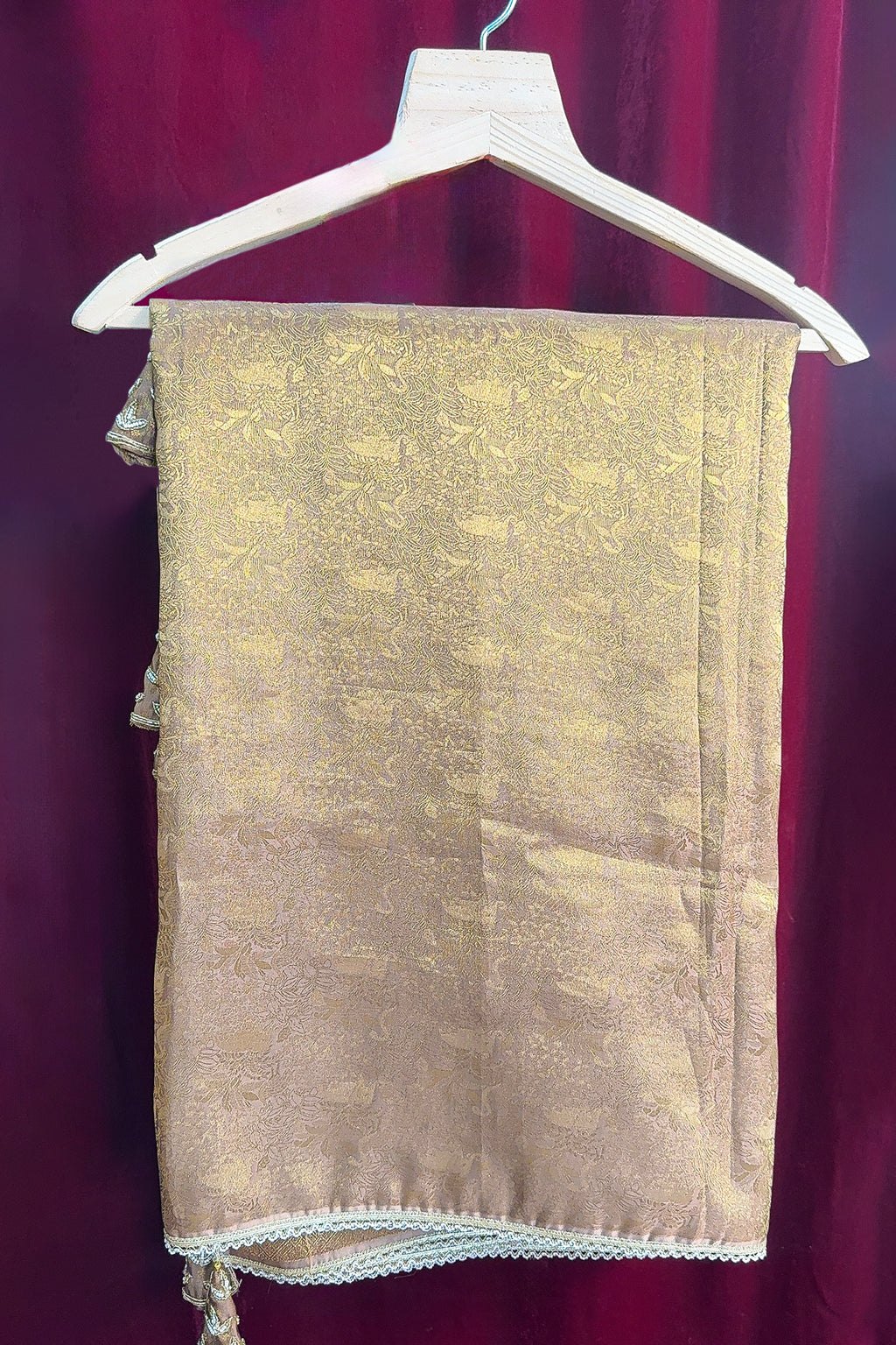 Beige and Golden Two Toned Woven Saree with Beaded V Neckline Readymade Blouse - gold saree