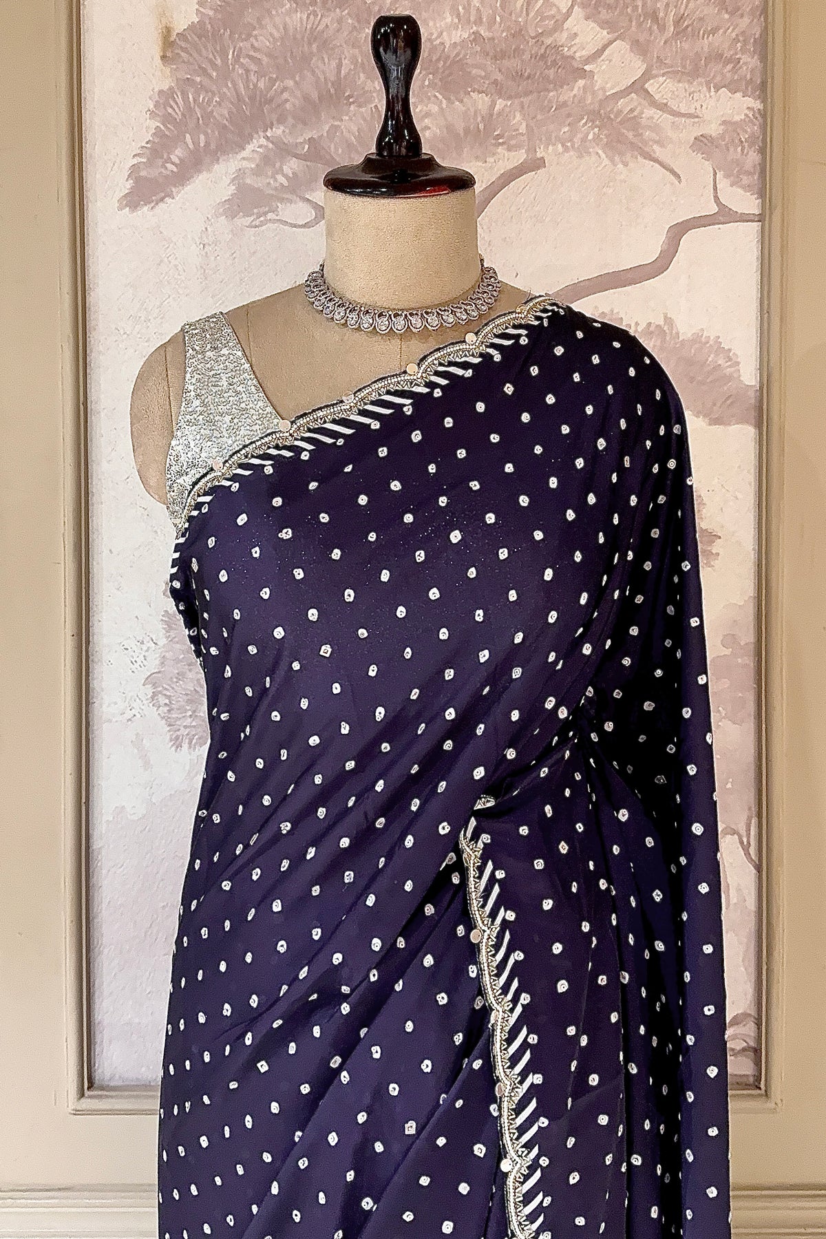 Dark Blue Crepe Silk Printed Saree with Scallop Cutdana Beaded Border - blue silk saree