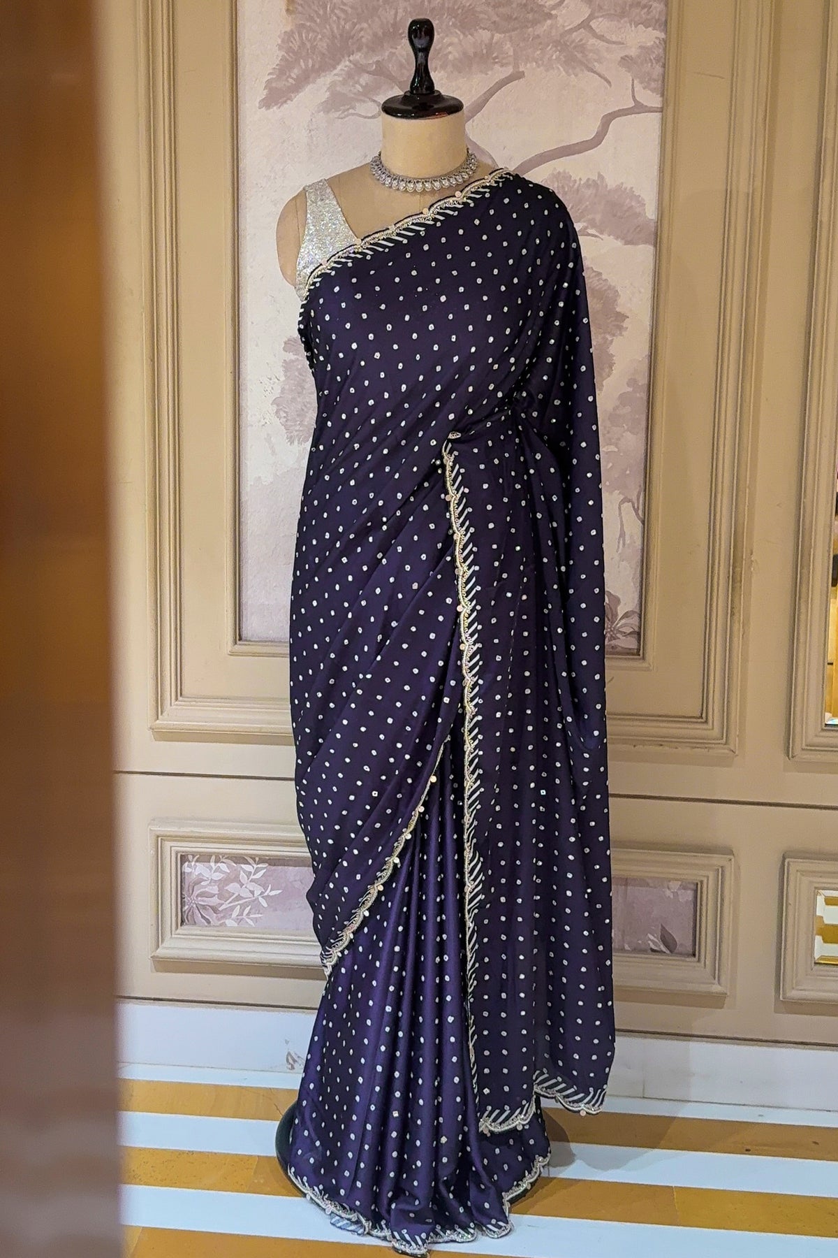 Dark Blue Crepe Silk Printed Saree with Scallop Cutdana Beaded Border - blue silk saree